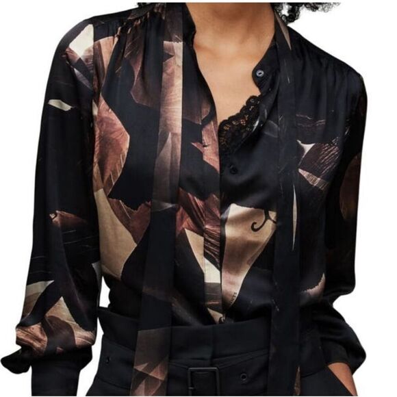 AllSaints Toni Iris Silk Blend Shirt Button Up Coffee Brown NEW - Picture 1 of 14